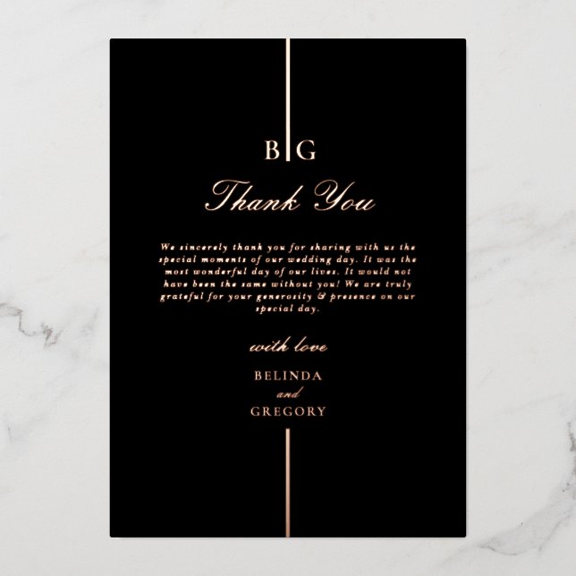 Invitation En Aluminium Véritable Rose Gold Foil Black Mariage Merci (Recto)