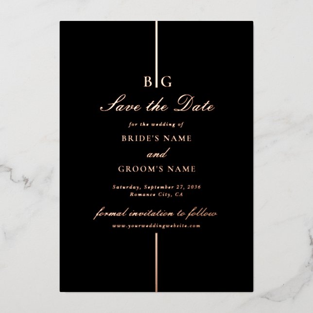 Invitation En Aluminium Véritable Rose Gold Foil Black Wedding Enregistrer (Recto)