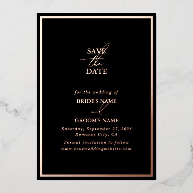 Invitation En Aluminium Véritable Rose Gold Foil Black Wedding Enregistrer (Recto)