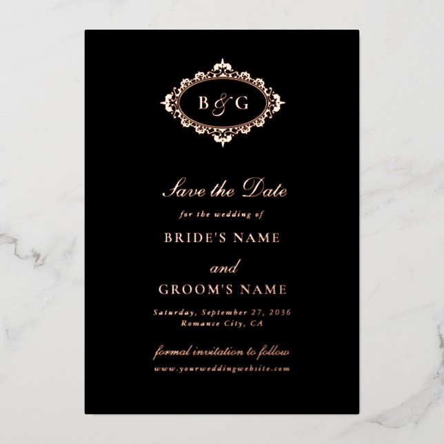 Invitation En Aluminium Véritable Rose Gold Foil Black Wedding Enregistrer (Recto)