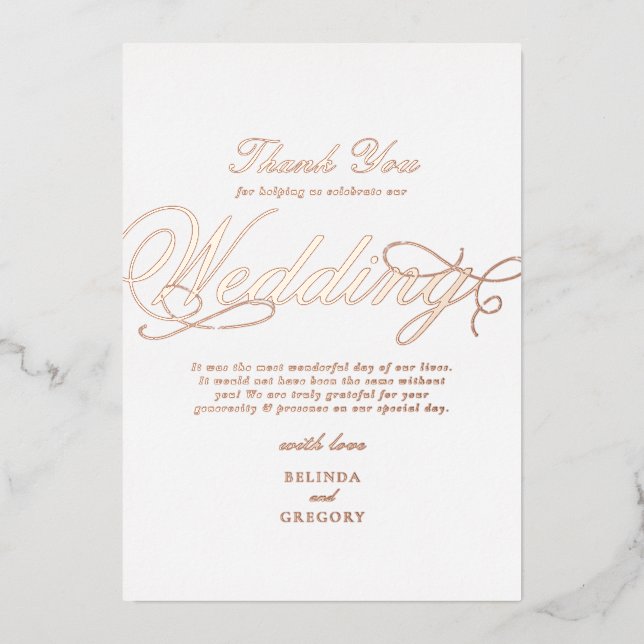Invitation En Aluminium Véritable Rose Gold Foil Blanc Mariage Merci (Recto)