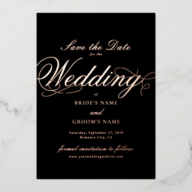 Invitation En Aluminium Véritable Rose Gold Foil Mariage Noir Enregistrer  (Recto)