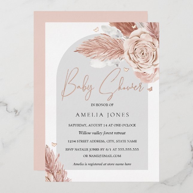 Invitation En Aluminium VÉRITABLE ROSE OR FOIL rose Arc Floral Baby shower (Recto/Verso)