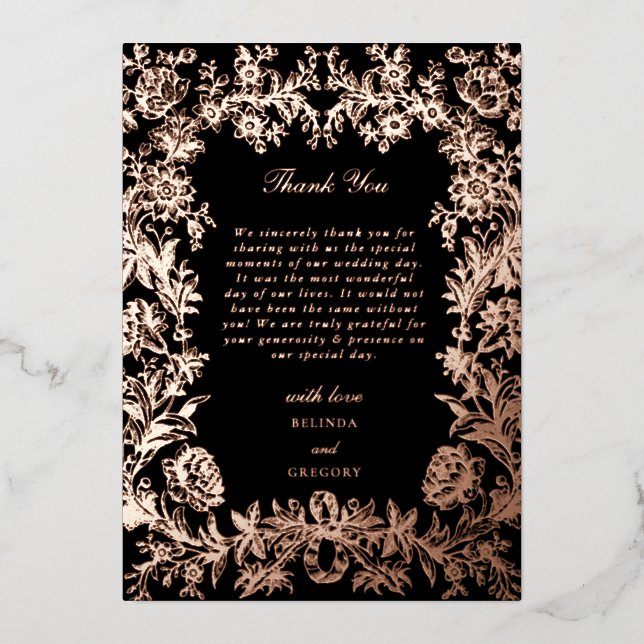 Invitation En Aluminium Véritable Rose or huile Floral noir Merci Mariage (Recto)