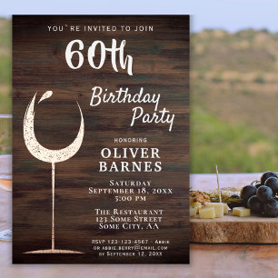 Invitation En Aluminium Verre à vin en or rustique Bois 60e anniversaire