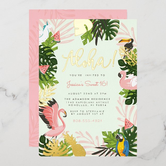 Invitation En Aluminium Vert | Aloha Hawaii Tropical Gold Birthday Party (Recto/Verso)