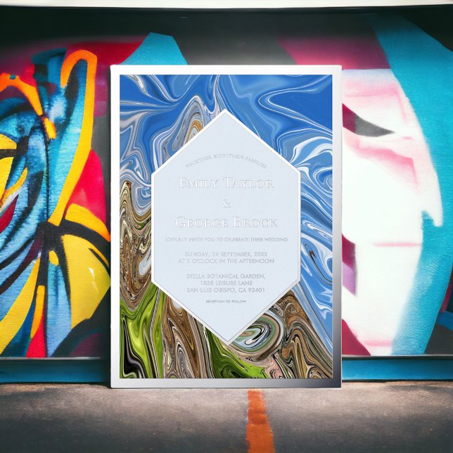 Invitation En Aluminium Vert bleu Abstrait minimal Mariage de nature argen (Créateur téléchargé)