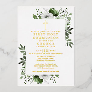 Invitation En Aluminium Vert Boho Floral Première Sainte Communion Or