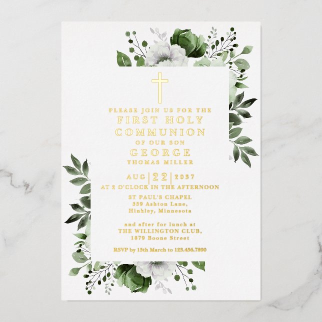 Invitation En Aluminium Vert Boho Floral Première Sainte Communion Or (Recto)