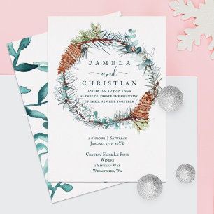 Invitation En Aluminium Vert, Brown, Couronne Pinecone Argent, Eucalyptus