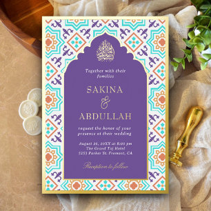 Invitation En Aluminium Vert cyan Pourpre Persan Mosaïque Musulman Mariage