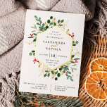 Invitation En Aluminium Vert doré sur blanc | Mariage de Noël<br><div class="desc">Ce magnifique faire-part de mariage de vacances dispose d'un cadre géométrique en feuille d'or avec feuilles or assortis,  la verdure de Noël,  et des baies sèches rouges sur un arrière - plan blanc simple. Parfait pour votre mariage d'hiver élégant.</div>