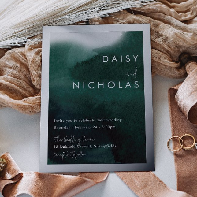 Invitation En Aluminium Vert émeraude aquarelle mariage argent (Créateur téléchargé)