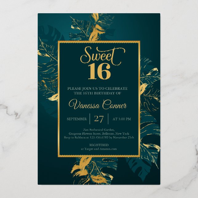 Invitation En Aluminium Vert émeraude et véritable feuille d'or douce seiz (Recto)