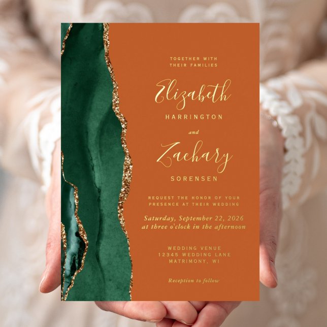 Invitation En Aluminium Vert émeraude Or Agate Orange brûlé Mariage (Créateur téléchargé)