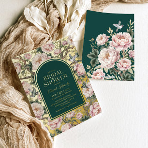 Invitation En Aluminium Vert foncé or chinoiserie fleurs mariage
