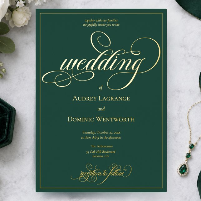 Invitation En Aluminium Vert forêt Or Mariage Écriture Calligraphie (elegant opulent luxury chic forest green gold foil script calligraphy custom wedding invitation)