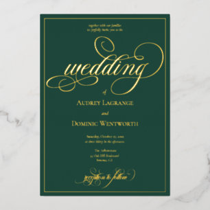 Invitation En Aluminium Vert forêt Or Mariage Écriture Calligraphie