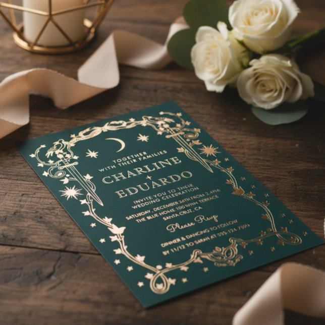 Invitation En Aluminium Vert forêt Orné Céleste Mariage  (Créateur téléchargé)