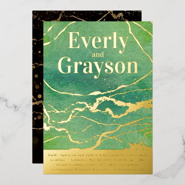 Invitation En Aluminium Vert Galaxy Agate Marbre Or Mariage (Recto/Verso)