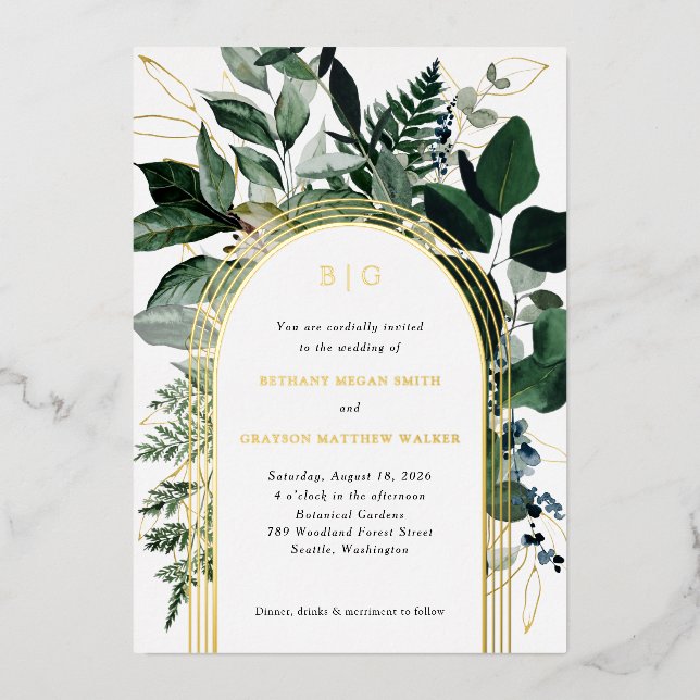 Invitation En Aluminium Vert moderne Feuillage botanique Mariage Invitatio (Recto)