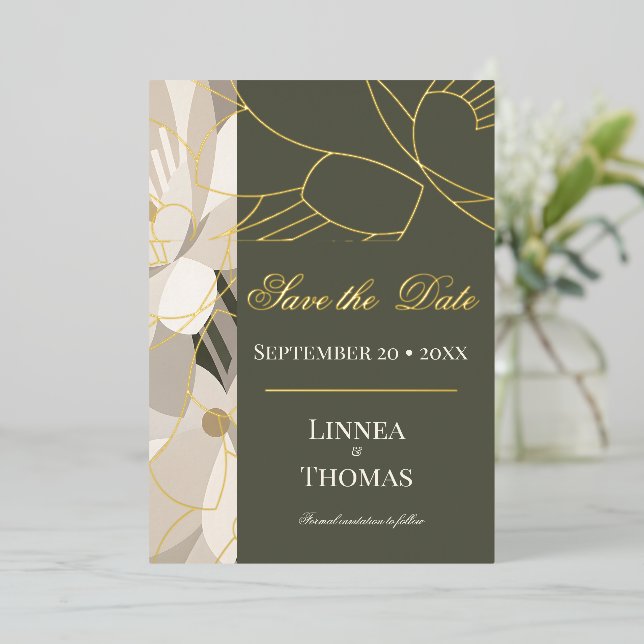 Invitation En Aluminium Vert olive Abstrait Moderne Éditorial Mariage (Debout devant)