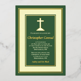 Invitation En Aluminium Vert Or Réel Feuille Catholique Confirmation