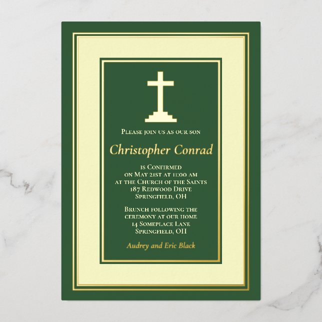Invitation En Aluminium Vert Or Réel Feuille Catholique Confirmation (Recto)