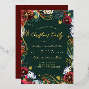 Invitation En Aluminium Vert Or Rouge Floral Tourbillon Noël