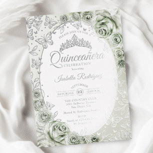 Invitation En Aluminium Vert sauge argent Quinceanera floral