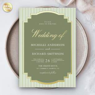 Invitation En Aluminium Vert sauge classique rayé Photo Mariage Or