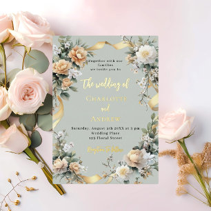 Invitation En Aluminium Vert sauge fleurs jaunes mariage or