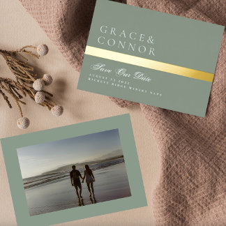 Invitation En Aluminium Vert sauge GOLD Rayure Photo Enregistrer la date