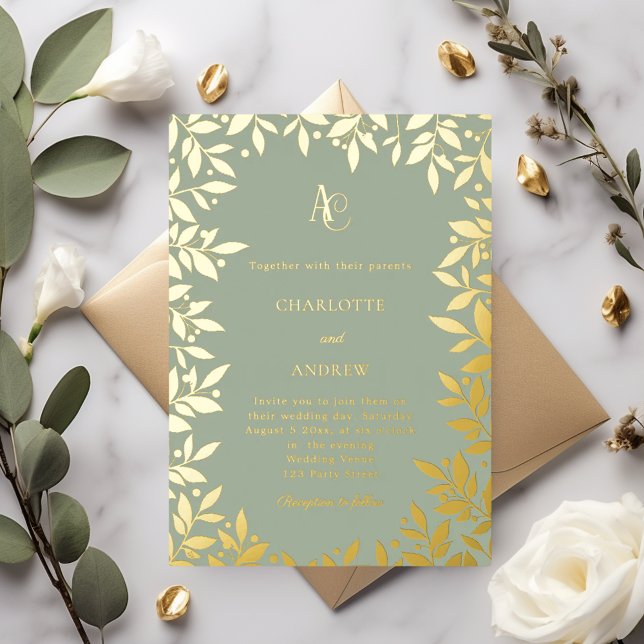 Invitation En Aluminium Vert sauge or botanique monogramme luxe mariage (Créateur téléchargé)
