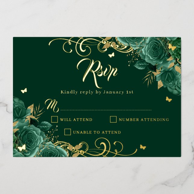 Invitation En Aluminium Verte Rose Floral Gold Swirl Or Quinceanera (Recto)