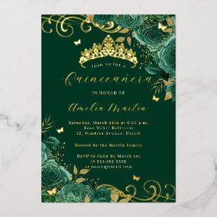 Invitation En Aluminium Verte Rose Floral Or Swirl Quinceanera