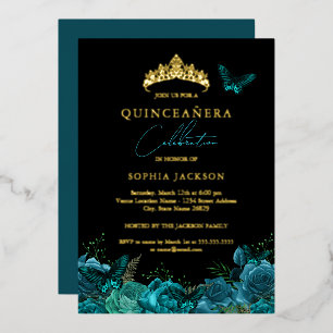 Invitation En Aluminium Vibrant Bleu Sarcelle Noir Papillon Quinceanera