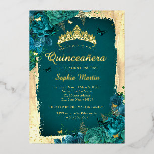 Invitation En Aluminium Vibrant Élégant Papillon Floral Sarcelle Quinceane