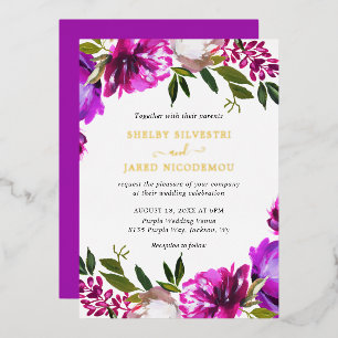 Invitation En Aluminium Vibrant Gras brillant violet Mariage Floral Or