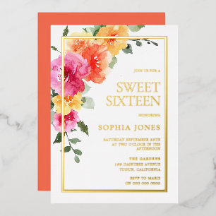 Invitation En Aluminium Vibrant Gras Coloré Floral Sweet 16 Party