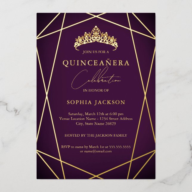 Invitation En Aluminium Vibrant violet géométrique Or élégant Quinceanera (Recto)