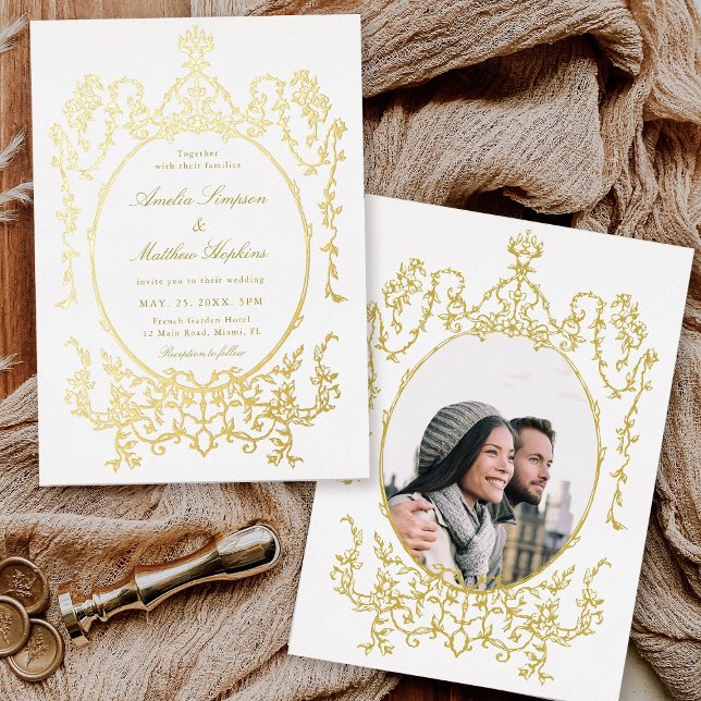 Invitation En Aluminium Victorian Classic Floral Frame Mariage Photo Gold (Front & Back)