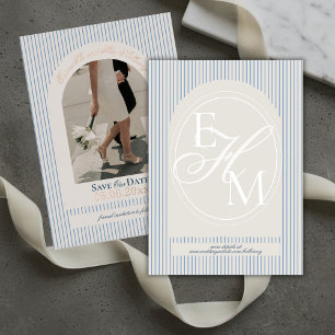 Invitation En Aluminium Vieux argent Script Bleu Bande Photo Enregistrer l