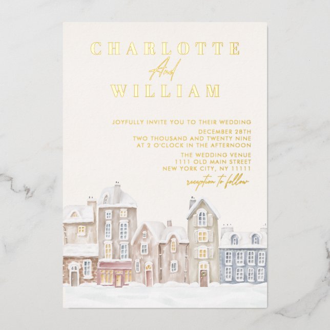 Invitation En Aluminium Village d'hiver Ville Noël Mariage de vacances (Recto)