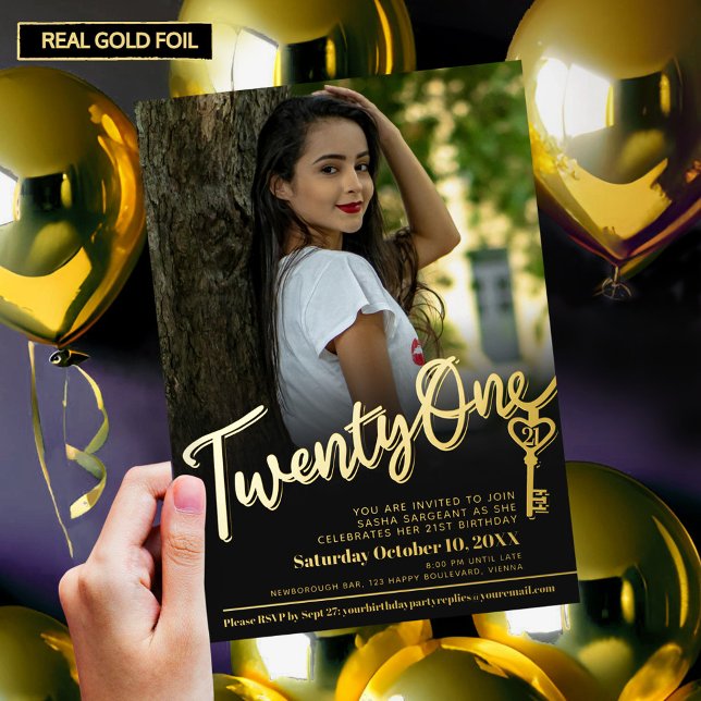 Invitation En Aluminium Vingt et un 21e anniversaire clé photo or noir (Créateur téléchargé)