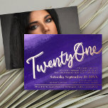 Invitation En Aluminium Vingt et un 21e anniversaire fête violet or rose<br><div class="desc">Vingt et un 21e anniversaire de fête de brush art laver en bleu violet profond avec un texte en feuille d'or rose ou votre propre invitation couleur feuille. Personnalisez ce script de fête de 21e anniversaire d'anniversaire d'anniversaire d'étape d'anniversaire avec vos propres détails d'événement de fête d'anniversaire, et votre propre...</div>