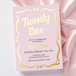 Invitation En Aluminium Vingt et Un Blush Rose Écriture Or Anniversaire 21
