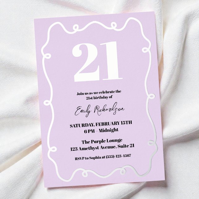 Invitation En Aluminium Vingt et un Purple Elegant Chic 21e fête d'anniver (Twenty One Purple Elegant Chic 21st Birthday Party Foil Invitation)