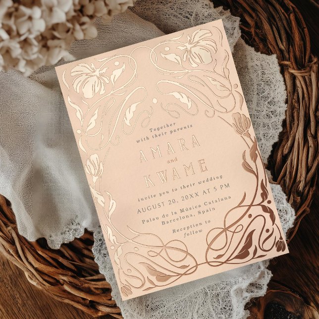 Invitation En Aluminium Vins à fleurs Botanique Art Nouveau Pêche Rose (Créateur téléchargé)