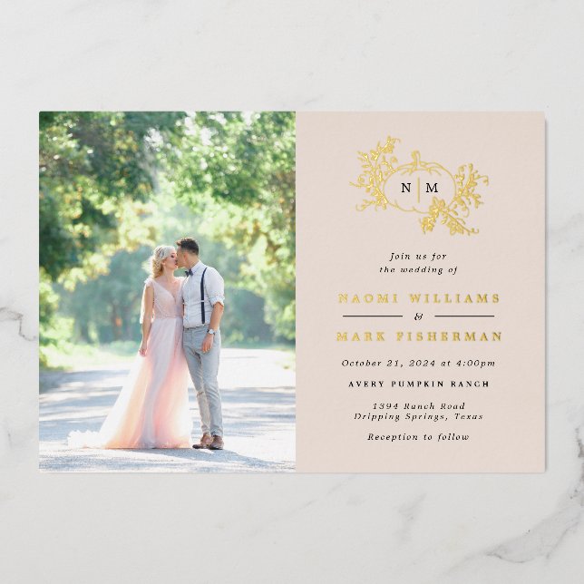 Invitation En Aluminium Vins citrouilles Monogramme Mariage Foil Invitatio (Recto)